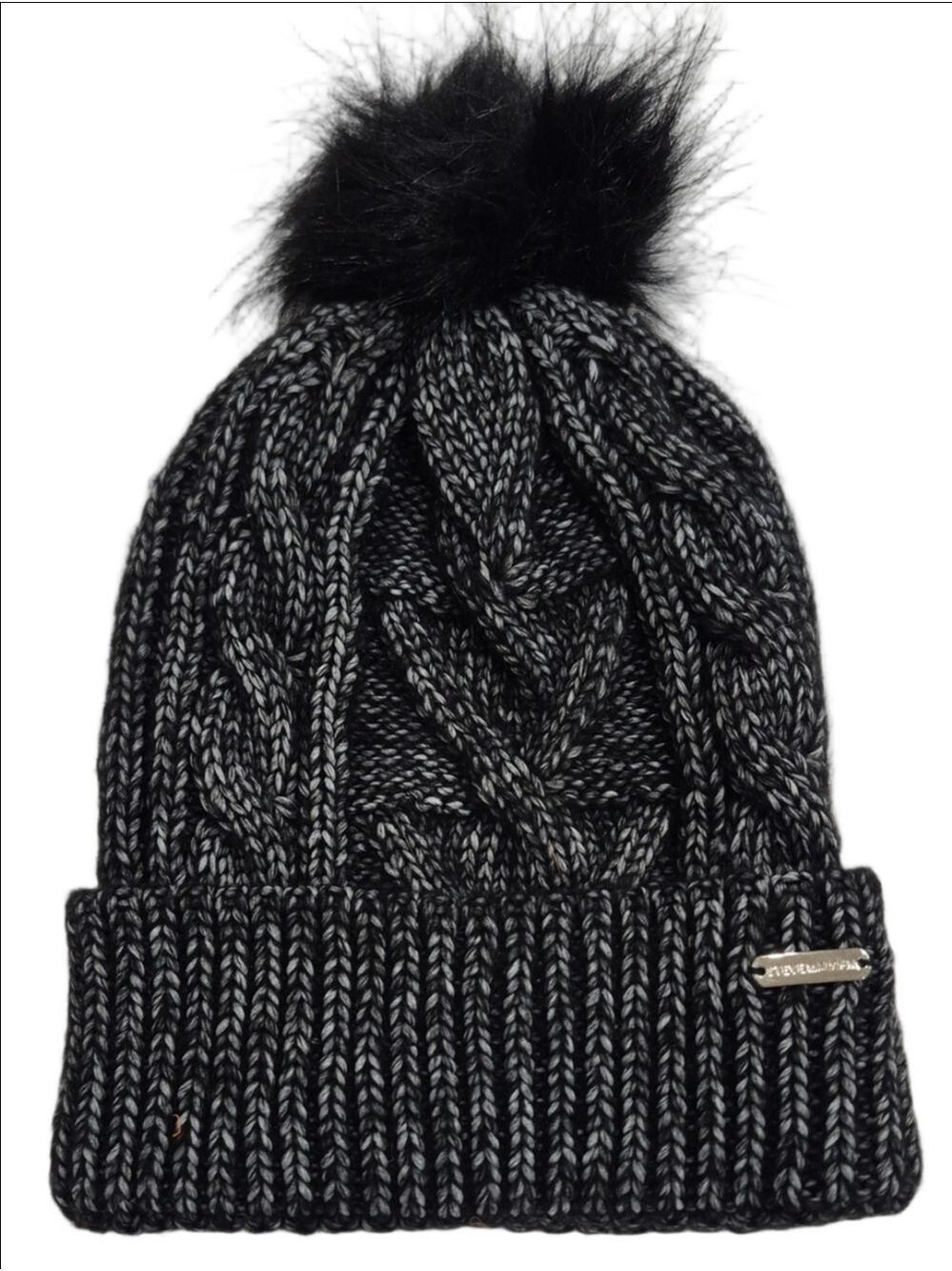 Steve Madden Black & Grey Cable Knit Faux Fur Pom Beanie Hat OS